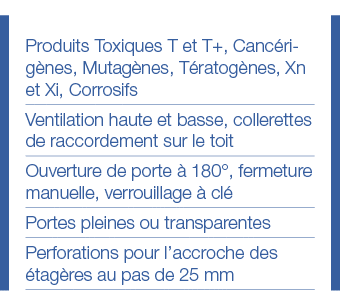 Produits Toxiques T et T+, Cancérigènes, Mutagènes, Tératogènes, Xn et Xi, Corrosifs Ventilation haute et basse, coll   