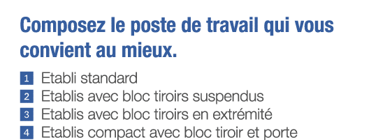 Composez le poste de travail qui vous convient au mieux     Etabli standard    Etablis avec bloc tiroirs suspendus      