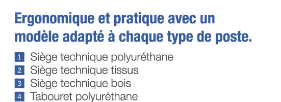 Ergonomique et pratique avec un modèle adapté à chaque type de poste     Siège technique polyuréthane    Siège techni   