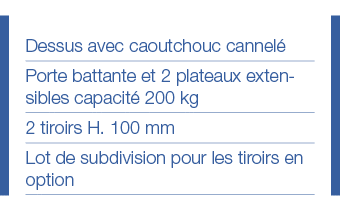 Dessus avec caoutchouc cannelé Porte battante et 2 plateaux extensibles capacité 200 kg 2 tiroirs H  100 mm Lot de su   