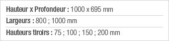 Hauteur x Profondeur : 1000 x 695 mm Largeurs : 800 ; 1000 mm Hauteurs tiroirs : 75 ; 100 ; 150 ; 200 mm