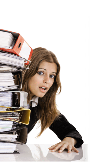 Business Woman in the office over-worked isolated on white
