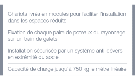 Chariots livrés en modules pour faciliter l installation dans les espaces réduits Fixation de chaque paire de poteaux   