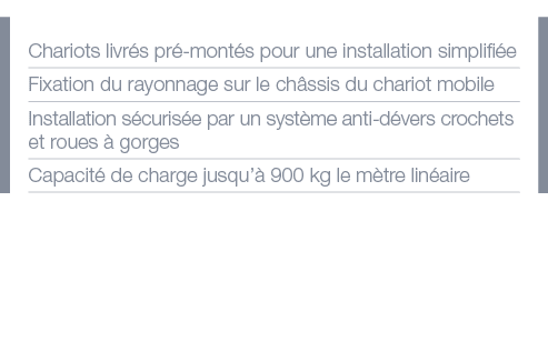 Chariots livrés pré-montés pour une installation simplifiée Fixation du rayonnage sur le châssis du chariot mobile In   