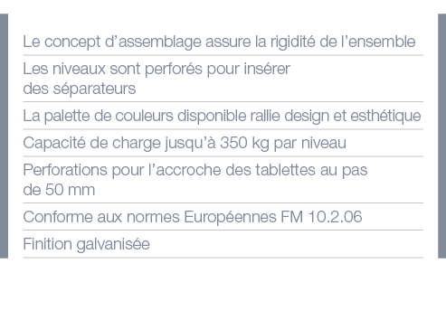 Le concept d assemblage assure la rigidité de l ensemble Les niveaux sont perforés pour insérer des séparateurs La pa   