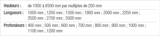 Hauteurs : de 1000 à 8500 mm par multiples de 250 mm Longueurs :  1000 mm ; 1250 mm ; 1500 mm ; 1800 mm ; 2000 mm ; 2   