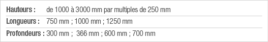 Hauteurs : de 1000 à 3000 mm par multiples de 250 mm Longueurs : 750 mm ; 1000 mm ; 1250 mm  Profondeurs : 300 mm ; 3   