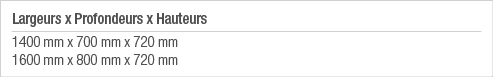 Largeurs x Profondeurs x Hauteurs 1400 mm x 700 mm x 720 mm 1600 mm x 800 mm x 720 mm
