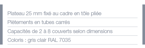 Plateau 25 mm fixé au cadre en tôle pliée Piètements en tubes carrés Capacités de 2 à 8 couverts selon dimensions Col   