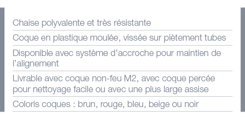 Chaise polyvalente et très résistante Coque en plastique moulée, vissée sur piètement tubes Disponible avec système d   