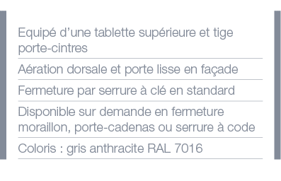 Equipé d une tablette supérieure et tige porte-cintres Aération dorsale et porte lisse en façade Fermeture par serrur   