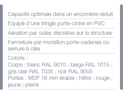 Capacité optimale dans un encombre réduit Equipé d une tringle porte-cintre en PVC Aération par ouïes discrètes sur l   