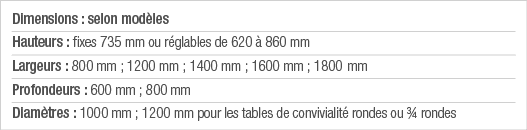 Dimensions : selon modèles Hauteurs : fixes 735 mm ou réglables de 620 à 860 mm Largeurs : 800 mm ; 1200 mm ; 1400 mm   