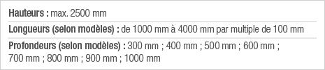 Hauteurs : max  2500 mm Longueurs (selon modèles) : de 1000 mm à 4000 mm par multiple de 100 mm Profondeurs (selon mo   