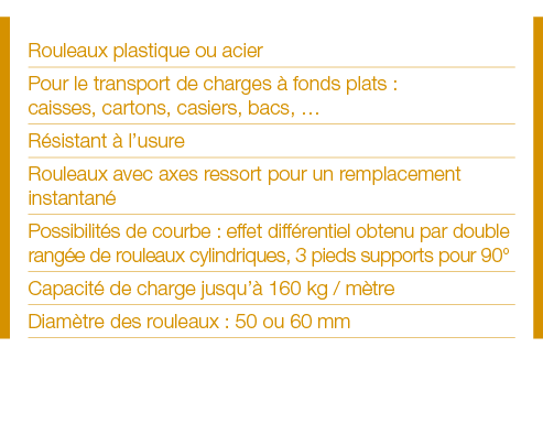 Rouleaux plastique ou acier Pour le transport de charges à fonds plats : caisses, cartons, casiers, bacs,   Résistant   