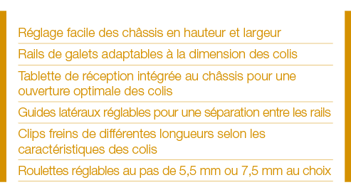Réglage facile des châssis en hauteur et largeur Rails de galets adaptables à la dimension des colis Tablette de réce   