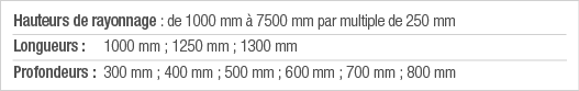 Hauteurs de rayonnage : de 1000 mm à 7500 mm par multiple de 250 mm Longueurs : 1000 mm ; 1250 mm ; 1300 mm Profondeu   