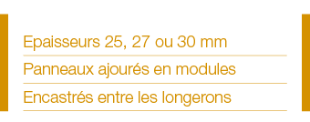 Epaisseurs 25, 27 ou 30 mm Panneaux ajourés en modules Encastrés entre les longerons 
