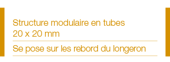 Structure modulaire en tubes 20 x 20 mm Se pose sur les rebord du longeron