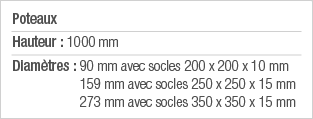 Poteaux Hauteur : 1000 mm Diamètres :  90 mm avec socles 200 x 200 x 10 mm 159 mm avec socles 250 x 250 x 15 mm 273 m   
