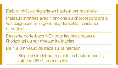 Etablis, châssis réglable en hauteur par manivelle Plateaux stratifiés avec 4 finitions au choix répondant à vos exig   