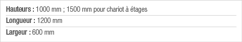 Hauteurs : 1000 mm ; 1500 mm pour chariot à étages Longueur : 1200 mm Largeur : 600 mm