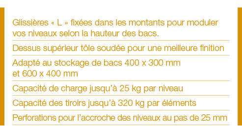 Glissières   L   fixées dans les montants pour moduler vos niveaux selon la hauteur des bacs  Dessus supérieur tôle s   