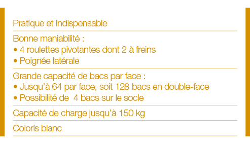 Pratique et indispensable Bonne maniabilité :   4 roulettes pivotantes dont 2 à freins   Poignée latérale Grande capa   