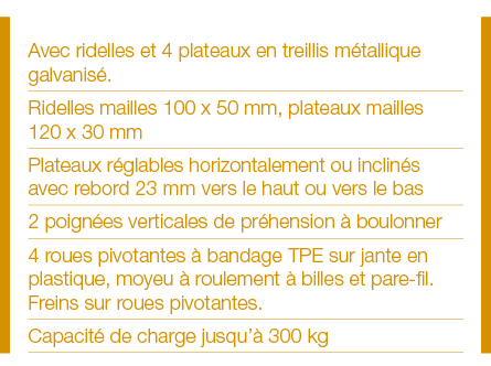 Avec ridelles et 4 plateaux en treillis métallique galvanisé  Ridelles mailles 100 x 50 mm, plateaux mailles 120 x 30   