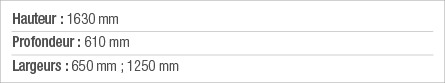 Hauteur : 1630 mm Profondeur : 610 mm Largeurs : 650 mm ; 1250 mm