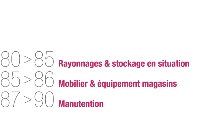 80   85 Rayonnages & stockage en situation 85   86 Mobilier & équipement magasins 87   90 Manutention