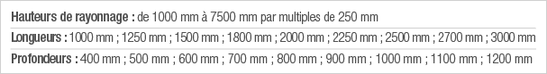Hauteurs de rayonnage : de 1000 mm à 7500 mm par multiples de 250 mm Longueurs : 1000 mm ; 1250 mm ; 1500 mm ; 1800 m   