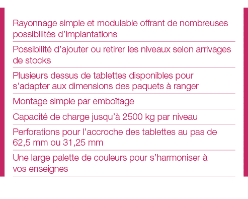 Rayonnage simple et modulable offrant de nombreuses possibilités d implantations Possibilité d ajouter ou retirer les   