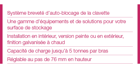 Système breveté d auto-blocage de la clavette Une gamme d équipements et de solutions pour votre surface de stockage    