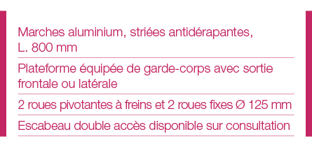Marches aluminium, striées antidérapantes, L  800 mm Plateforme équipée de garde-corps avec sortie frontale ou latéra   