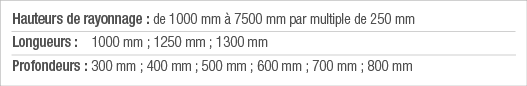 Hauteurs de rayonnage : de 1000 mm à 7500 mm par multiple de 250 mm Longueurs : 1000 mm ; 1250 mm ; 1300 mm Profondeu   
