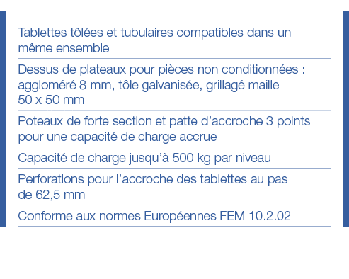 Tablettes tôlées et tubulaires compatibles dans un même ensemble Dessus de plateaux pour pièces non conditionnées : a   