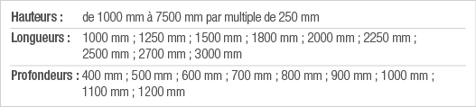 Hauteurs : de 1000 mm à 7500 mm par multiple de 250 mm Longueurs :  1000 mm ; 1250 mm ; 1500 mm ; 1800 mm ; 2000 mm ;   