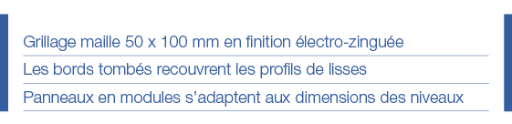 Grillage maille 50 x 100 mm en finition électro-zinguée Les bords tombés recouvrent les profils de lisses Panneaux en   