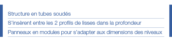 Structure en tubes soudés S insèrent entre les 2 profils de lisses dans la profondeur Panneaux en modules pour s adap   