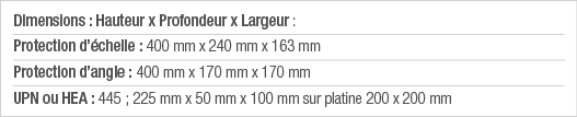 Dimensions : Hauteur x Profondeur x Largeur : Protection d échelle : 400 mm x 240 mm x 163 mm Protection d angle : 40   