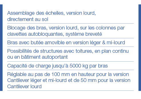 Assemblage des échelles, version lourd, directement au sol Blocage des bras, version lourd, sur les colonnes par clav   