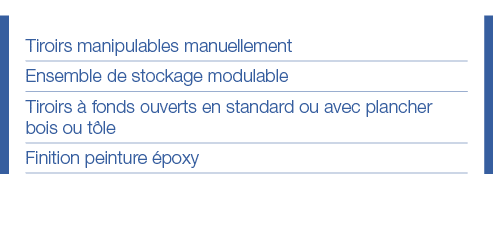 Tiroirs manipulables manuellement Ensemble de stockage modulable Tiroirs à fonds ouverts en standard ou avec plancher   