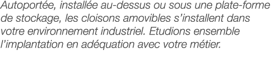 Autoportée, installée au-dessus ou sous une plate-forme de stockage, les cloisons amovibles s installent dans votre e   
