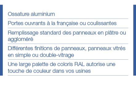 Ossature aluminium Portes ouvrants à la française ou coulissantes Remplissage standard des panneaux en plâtre ou aggl   