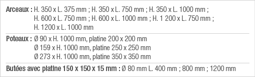 Arceaux :  H  350 x L  375 mm ; H  350 x L  750 mm ; H  350 x L  1000 mm ; H  600 x L  750 mm ; H  600 x L  1000 mm ;   