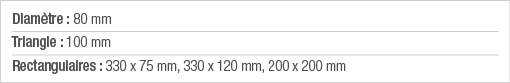 Diamètre : 80 mm Triangle : 100 mm Rectangulaires : 330 x 75 mm, 330 x 120 mm, 200 x 200 mm