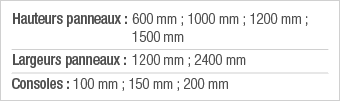 Hauteurs panneaux :  600 mm ; 1000 mm ; 1200 mm ; 1500 mm Largeurs panneaux : 1200 mm ; 2400 mm Consoles : 100 mm ; 1   