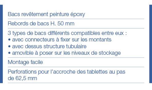 Bacs revêtement peinture époxy Rebords de bacs H  50 mm 3 types de bacs différents compatibles entre eux :   avec con   
