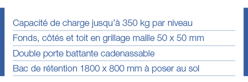 Capacité de charge jusqu à 350 kg par niveau Fonds, côtés et toit en grillage maille 50 x 50 mm Double porte battante   